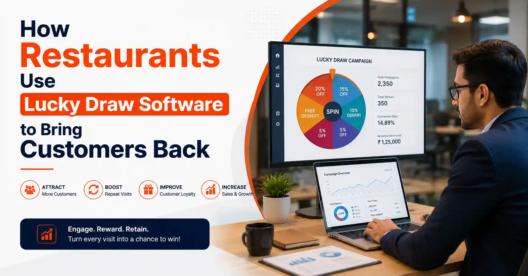 Restaurant owner using Lucky Draw Spin Wheel Software to increase repeat customers and restaurant sales through digital rewards and customer engagement.
