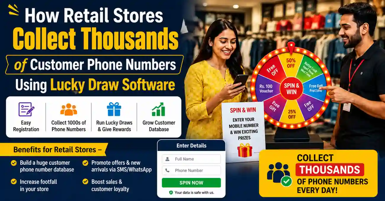Retail store using Lucky Draw Software to collect customer phone numbers and increase sales through interactive spin wheel campaigns