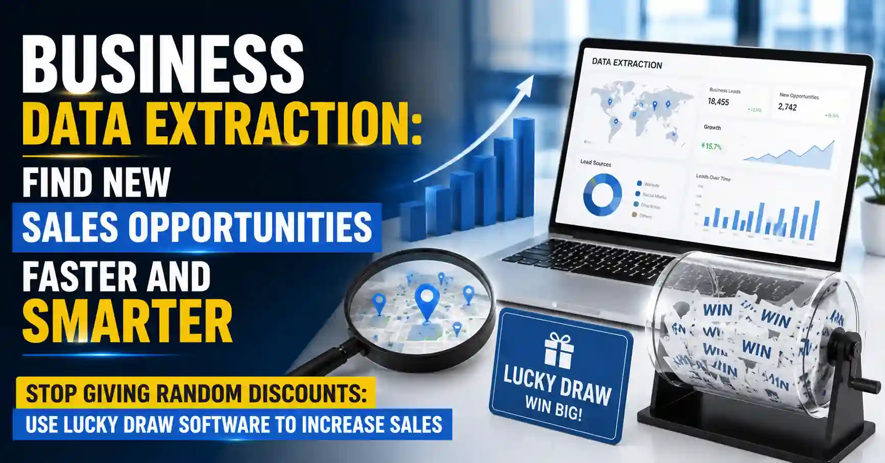 Business data extraction and lucky draw software for finding sales opportunities and increasing sales